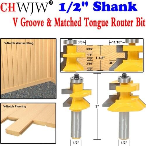2pc 1/2" Shank V Groove & Matched Tongue Router Bit Set w/ premium ball bearings Woodworking cutter