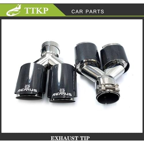 2 Pcs Exhaust Pipe Exhaust Air Inlet 57MM Outlet 89MM REMUS Universal Glossy Carbon Fiber+Stainless Double Exit Mufflers Nozzle