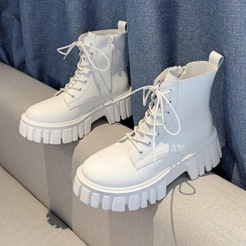 2021 White Boots Chunky Fashion New Punk Ankle Boots For Women Autumn Round Toe Combat Martin Black Boots Platform Ladies Shoes