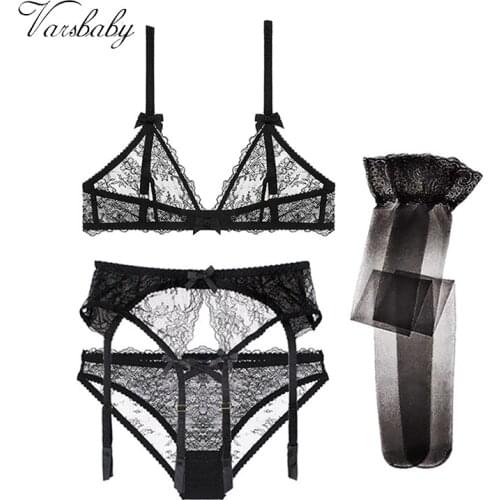 Varsbaby sexy lace wire free unlined lingerie set bra+panties+garter+stockings 4 pcs