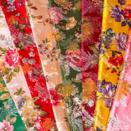 500cm*75cm Printed Peony imitation Silk Damask Satin Dress Fabric Antique Cheongsam Crafts Packaging Cloth top quality wholesale
