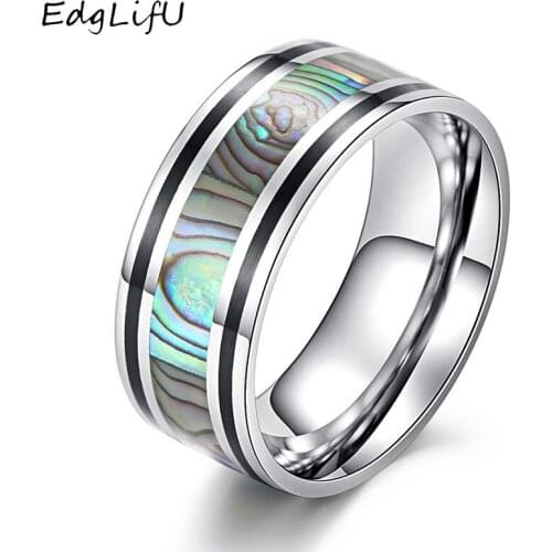 EdgLifU 9mm Personalize Abalone Ring For Man Stainless Steel Carbon Fiber/ Wood Grain Wedding Band Rings Finger Jewelry Men