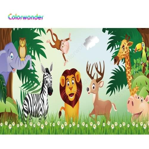 Cartoon photography background forest lion elephant wild animal green backdrop for baby shower happy birthday backdrops backgrou