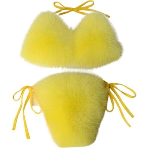 Women Sexy 2 Piece Faux Fur Bikini Set Halter String Triangle Bralette Swimsuit Tie Side Bottom Solid Color Plush Bathing