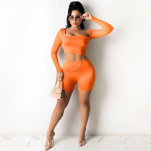 2 Piece Sports Suit Women Workout Clothes Square Collar Long Sleeve Crop Tops + Skinny Shorts Leggings 2021Summer Jogger Outfits