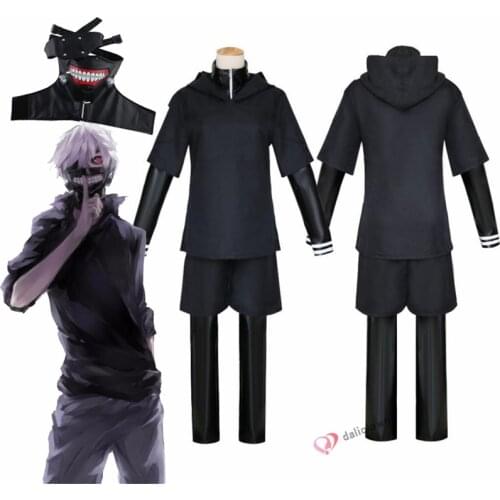 JP Anime Tokyo Ghoul Ken Kaneki Cosplay Costume Full Set Black Leather Fight Uniform Women Men Halloween Costume With Mask Wig