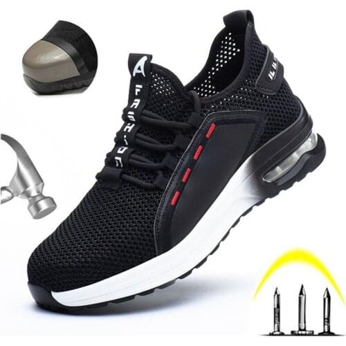 Black Summer Indestructible Work Shoes Mens Steel Toe Cap Safety Shoes Air Safety Boots Anti-puncture Sneakers Breathable Shoes