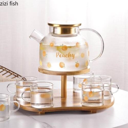 Glass Cold Kettle Set Transparent Cup Pot Seven Kits with Wooden Base Tray Teapot Heat Resistant Kettle Tea Pot and Cup Set