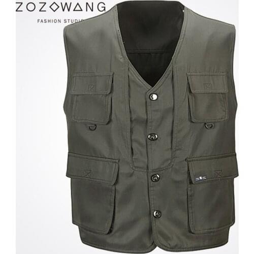 New Zozowang solid casual Single Breasted loose spring autumn vest men fashion Big pocket short 2XL waist coat men Khaki