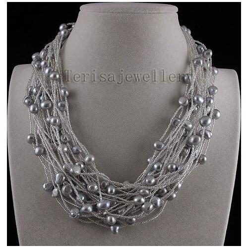 Handmade Gray Color Freshwater Pearl Necklace,24Rows Baroque Real Pearl AA 8-9MM Fashion Jewellery,Magnet Clasp