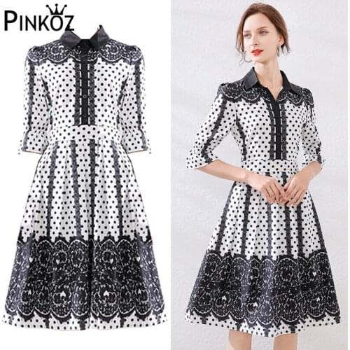 Pinkoz spring summer dresses for women polka dot printed turn down collar A-line high waist knee length dresses امرأة اللباس