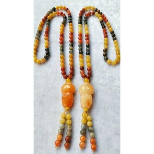 Natural multicolour Jade Mala Bead Necklace Carven cheongsam form Pendant Amulet