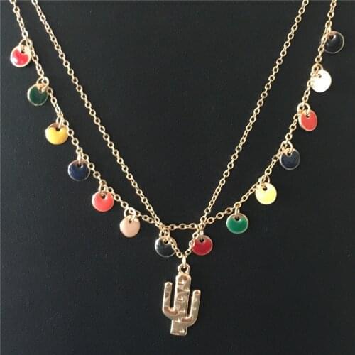 2019 hot summer vacation gold color plating colorful enamel round disc charm with cactus charm layered necklace for women girl