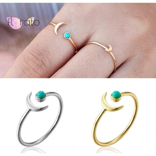 Plated 24K Gold/925 Silver Turquoise Open Rings for Women Minimalist Tiny Rings Moon Adjustable Finger Ring Party Jewelry