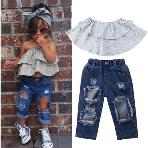 Casual Girls Clothes Set Sleeveless Plaid Off Shoulder Tube Tops Girls Outfits Hole Long Jeans Girls Sets Clothing Children Suit