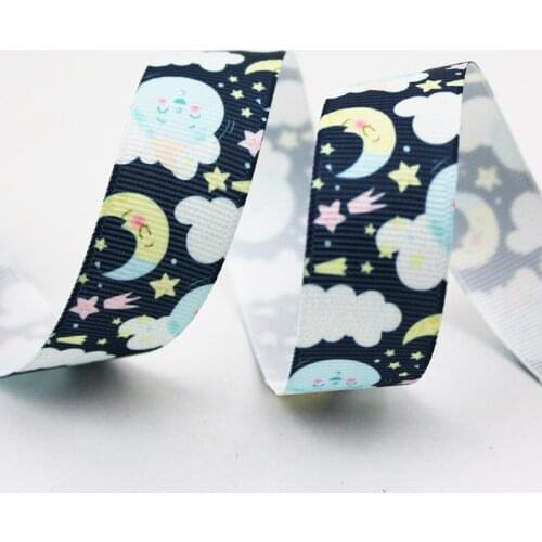 Lovely Navy 7/8" Cartoon moon stars printed 22mm grosgrain ribbon 10 yards DIY baby bows band sewing fabric ribbons