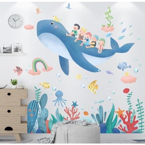 [SHIJUEHEZI] Fish Animals Wall Stickers DIY Seagrass Plants Wall Decals for Kids Room Baby Bedroom Bathroom Home Decoration