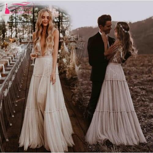 Nude Champagne Wedding Dresses 2020 Deep V-Neck Whimsical Boho Dreamy Bridal Gowns Sexy Beach Vestido De Noiva ZW111