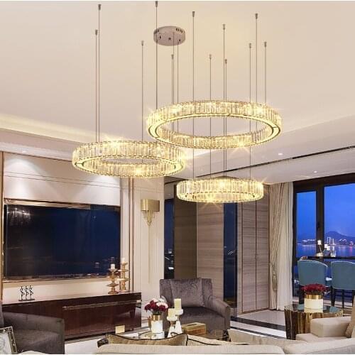 Led Crystal Chandeliers Diamond Ring Pendant Light Fixture Remote control Stainless Steel Hanging Light Home Decor LED Lustre