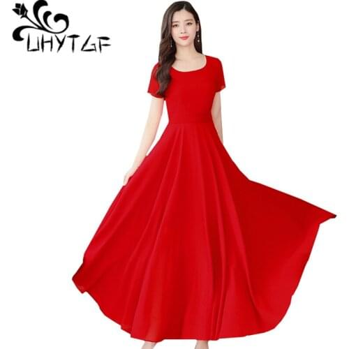 UHYTGF Summer dress women loose big swing type chiffon beach dress high waist pullover sweet elegant dresses women plus size 805