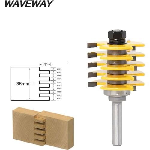 WAVEWAY 8mm Shank Box Joint Router Bit - Adjustable 5 Blade - 3 Flute - 8" Shank For Wood Tenon Cutter for Woodworking Tools