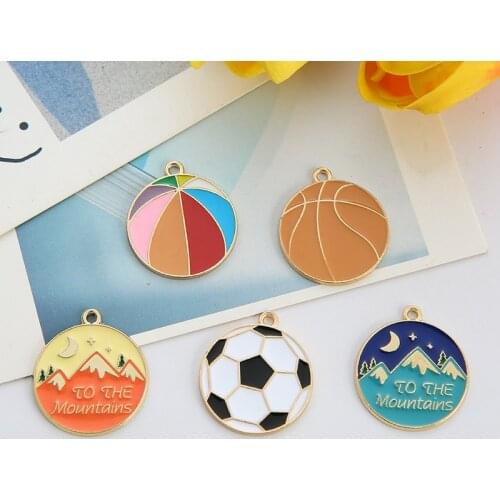 Wholesale 100pcs/Lot 15*12mm Gold Tone Plated Oil Drop Colorful Sport Football Basketball volleyball Earring Pendant Charms