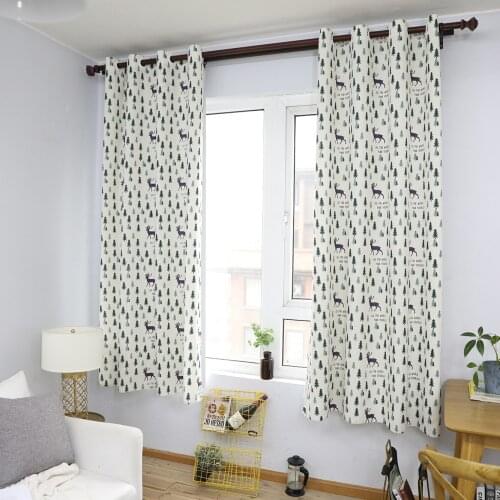 American Country Christmas Tree Elk Print Partition Curtain Thickened Cotton Linen Semi-shading Fabric Grommet Top Processing
