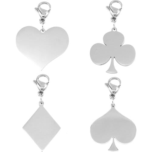Poker clasp charm playing cards clubs hearts spades Tags Pendants for men women mirror polished stainless steel Pendants