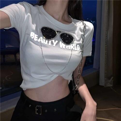 Hot Drill Pattern T Shirt Women 2021 Summer New Water Drill Round Neck Casual Half Sleeve Short Sleeve T-shirt