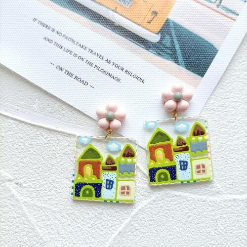 Artical Painting Design Elegant Earrings Women Square Geomatric Colored House Design Acrylic Earrings Summer Cute Accessories