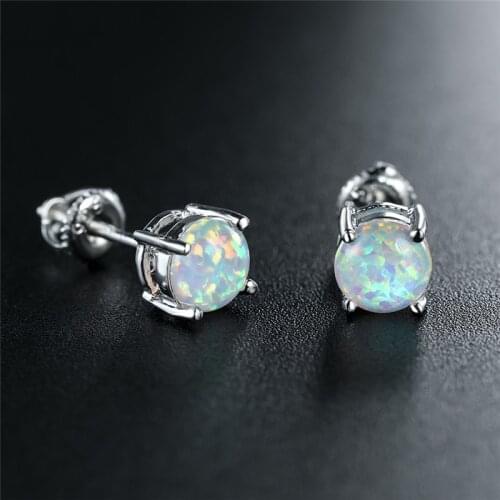 Mystic Rainbow Fire Opal Stud Earrings 6MM Round Small Stone Earrings Rose Gold Silver Color Wedding Earrings For Women Jewelry