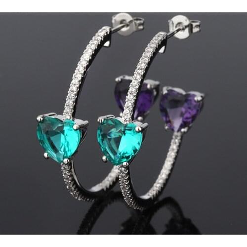 Love heart zircon diamonds hoop earrings women emerald green amethyst gemstone gold black silver color indian fashion jewelry