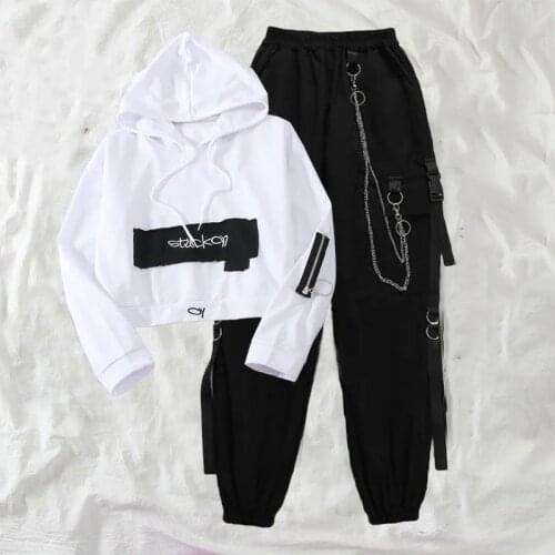 Spring New Chain Ribbon Cargo Black Women 2 Piece Pullover With Joggers Women Harajuku Cargo Pants Handsome Cool Two-piece Suit