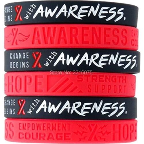 100pcs Awareness Red Ribbon wristband silicone bracelets free shipping by ePacket