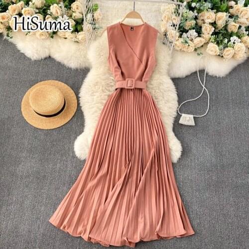 2021 summer new women v-neck sleeveless pleating chiffon A-line dress female Chic elegant waist party dresses