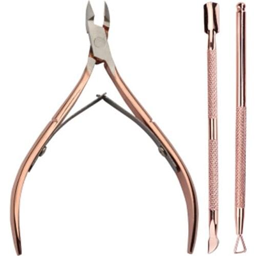 3pcs/Set Stainless Steel Cuticle Remover Pusher Rose Gold Scissor Nail Tools Set Finger Dead Skin Push Nipper Clipper Cut
