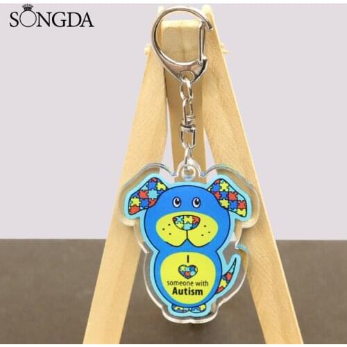 Help Raise Autism Awareness Theme Acrylic Keychain Red Ribbon Puzzle Love Double-Sided Keyring Unisex Jewelry Decorations Gift