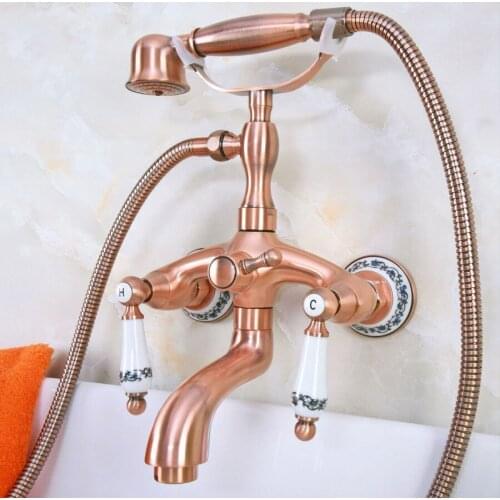 Antique Red Copper Brass Double Ceramic Handles Wall Mounted Bathroom Clawfoot Bathtub Tub Faucet Mixer Tap w/Hand Shower ana314