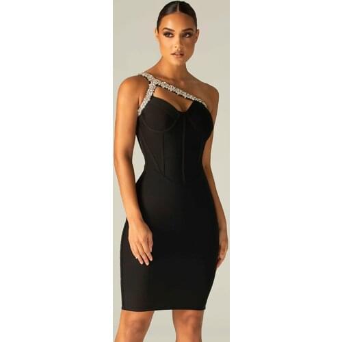 2021 Autumn Winter Women Sexy Black Mini Bandage Dress Spaghetti Strap Crystal Bodycon Club Party Vestido