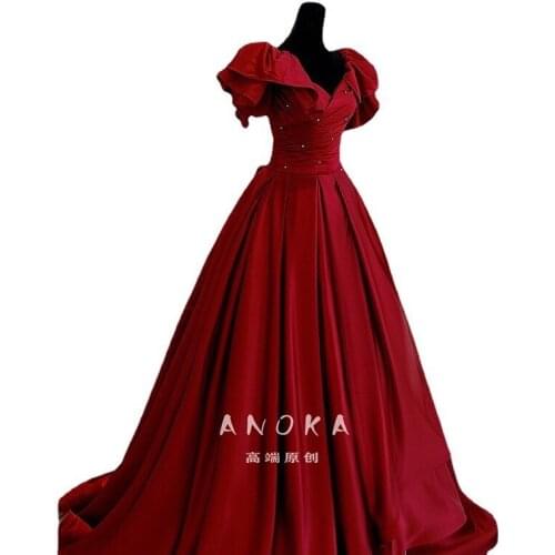 Burgundy Satin Evening Dresses A-line Beaded Pearl Pleat V-Neck Puff Sleeve Celebrity Red Carpet Formal Prom Gowns New Elegant