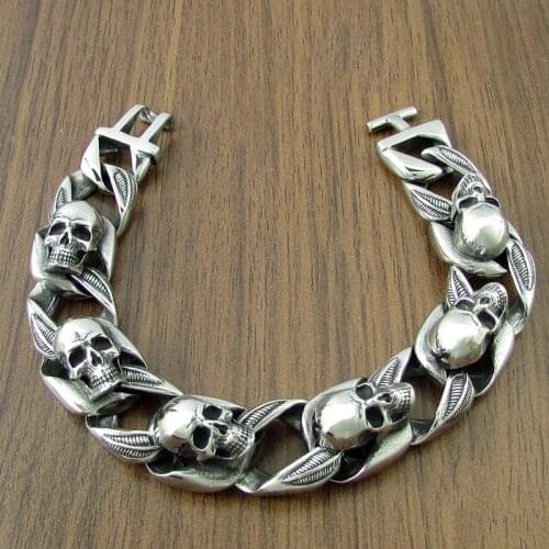 Punk 316L Stainless Steel Skull Head Leaf Bracelet Motor Biker Club Silver Color Skeleton Bracelets Jewelry