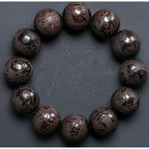 Ebony Wood Carving 12 Zodiacal Animals One Beads Amulet Bracelet