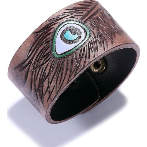 Kirykle 2018 New Brown Black vintage genuine leather bangles Charm Wide leather bracelet for women peacock feathers bracelet