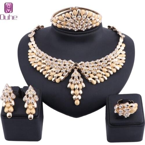 Dubai High Quality Gold Color Crystal Necklace Earrings Bangle Ring Jewelry Set Fashion Woman Elegant Bridal Wedding Jewelry Set