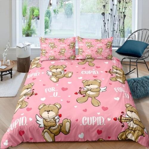Pink Bear Bedding Set Cartoon Kawaii Cute Kids 3D Print Comforter Luxury Queen King Single Duvet Cover Set Home Textile Modern