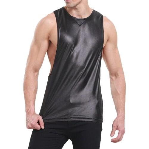 Men Sexy Fitness Tank Top Star Faux Leather Sleeveless Mens Bodybuilding Stringers Vest Fashion