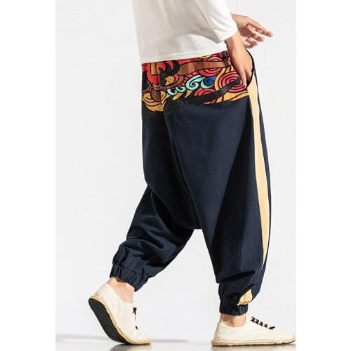 Chinese Style Mens Loose Casual Cross-pants Ankle-length Bigger Size Trousers Print Spring and Summer