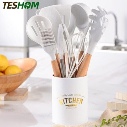 New Silicone Cooking Utensils 12/13Pcs Kitchen Utensil Set Non-stick Spatula Wooden Handle with Storage Box Kitchen Tools Gray