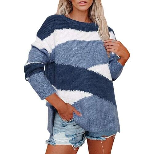 Richkeda Store New 2021 Fall/Winter Womens European And American Loose Knit Sweater Irregular Stripes Color Block Sweater Women