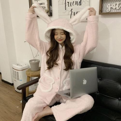 QWEEK Velvet Warm Pajamas Women Cute Bunny Hat Sleepwear Female Set Woman 2 Pieces Pijamas Winter Pyjamas Nightwear Flannel Suit